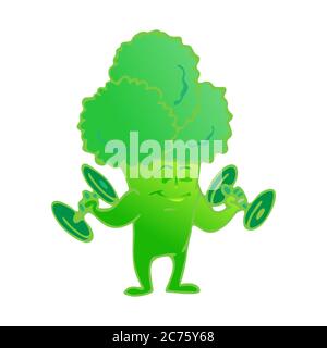 Cute broccoli cartoon character posing and demonstrating its muscles. Healthy food. Vector illustration in flat style isolated on white. Good for cafe Stock Vector