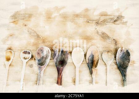 https://l450v.alamy.com/450v/2c75ya1/close-up-of-wooden-sppons-lined-up-on-a-table-in-watercolors-2c75ya1.jpg