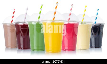 Juice collection of fruit smoothies fruits milkshake orange juices straw drinks in cups isolated on a white background Stock Photo