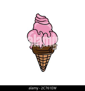 Melting ice cream balls in the waffle cone isolated on white background. Vector flat outline icon. Comic character in cartoon style illustration for t Stock Vector