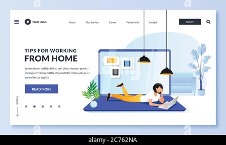 Work or education at home. Young woman student or freelancer lying on floor uses laptop. Vector character illustration for web page or banner design. Stock Vector