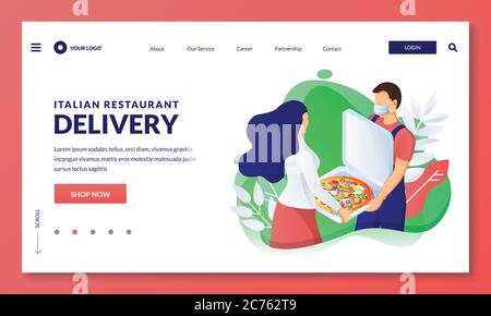 Home delivery service from restaurant and fast food cafe. Courier in mask gives box with pizza to woman. Vector 3d isometric illustration. Order lunch Stock Vector