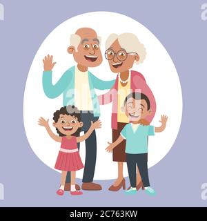 Happy grandparents and two little grandchildren portrait. Happy grandparents day concept. Vector illustration in cartoon style. Stock Vector