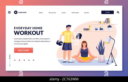 Young couple doing fitness and yoga. Home workout or yoga exercise for two partners. Vector flat cartoon man and woman characters illustration. Health Stock Vector