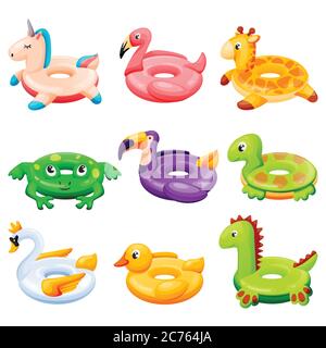 Pool inflatable rings collection. Kids floating toys with animals and birds. Vector illustration. Unicorn, flamingo, duck, giraffe, dinosaur isolated Stock Vector
