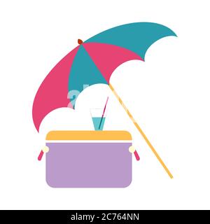 Concept beach items sea vacation, umbrella, refrigerator and cool cocktail vector illustration. vector illustration Stock Vector