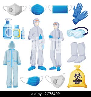 Medical personal protective equipment from viral infection, pollution. Vector illustration of protection clothes, isolated on white background. Face m Stock Vector