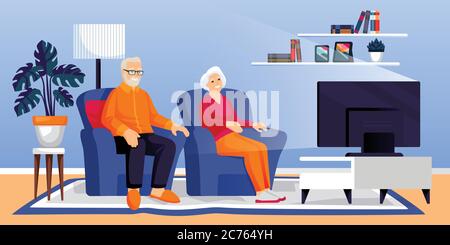 Elderly retirement couple watching TV in living room. Senior man and woman sit on sofa together. Vector flat cartoon illustration. Home movie time, in Stock Vector