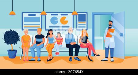 Patients queue at clinic reception. People in hospital waiting for family doctor or therapist consultation. Vector flat cartoon characters illustratio Stock Vector