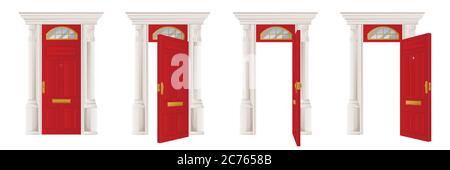 Closed and open classical wooden red door set, isolated on white background. Home entrance and exit, interior design element. Vector flat cartoon illu Stock Vector