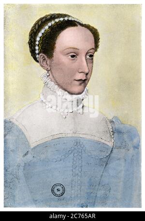 Mary Stuart as Queen Consort of France. Hand-colored halftone of an illustration by Francois Coljet Stock Photo