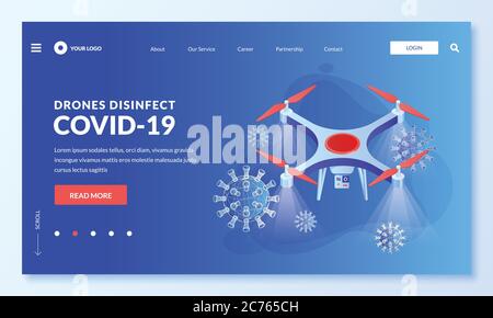 Drone outdoor spray disinfection. Using modern technologies for coronavirus outbreak prevention and protection concept. Vector isometric 3d illustrati Stock Vector
