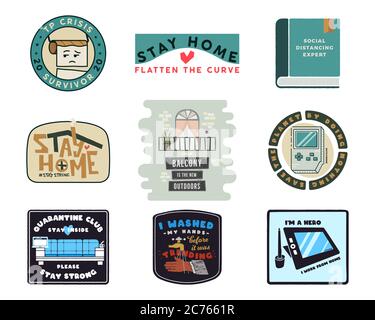 Corona virus badges and illustrations set. COVID-19 hand drawn logos labels designs with different quotes - stay home, flatten the curve, social Stock Vector