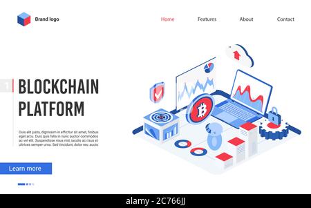Isometric blockchain platform technology vector illustration. Modern concept banner, website design with cartoon 3d tech block chain symbols, cryptocurrency money market, finance analytics and trading Stock Vector