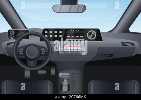 Car auto salon interior vector illustration. Cartoon flat details of front automobile dashboard black panel, window windshield, rudder steering wheel, mirror. Modern car vehicle inside view background Stock Vector