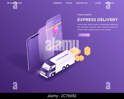 People packaging and sorting the boxes to the truck and using online map in modern landing page for courier website. 3D isometric vector illustration Stock Vector