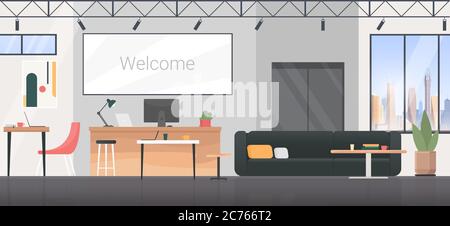 Coworking room interior flat design vector illustration. Cartoon empty modern office apartment with sofa and desk, comfortable workplace for creative office workers, workspace panoramic background Stock Vector