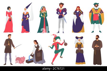 Medieval people vector illustration flat set. Cartoon medieval person history collection of man woman characters in old historical aristocrat costumes, peasant farmer, priest, jester isolated on white Stock Vector
