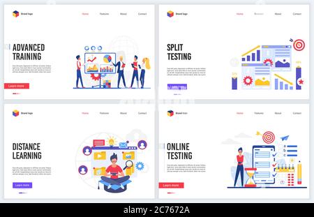 Online training education technology vector illustration set. Creative concept interface website design, banners with flat cartoon educational tech courses or school, split testing development service Stock Vector