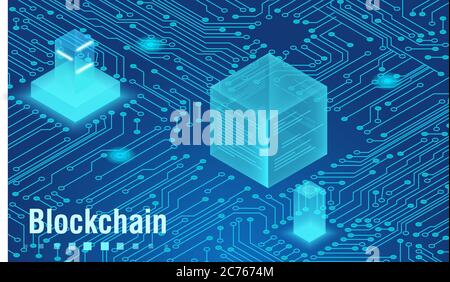 Abstract neon color blockchain isometric concept banner. Digital Technology blocks connection with each other and shapes crypto chain. Abstract technology background. Vector illustration. Stock Vector