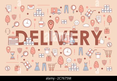Delivery word banner template. Electronic commerce and online order vector cartoon outline concept. Truck with purchases, parcels, clothes, dress and jeans, gifts, and coins illustration. Stock Vector