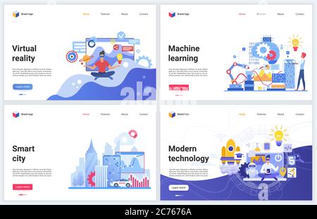 Artificial intelligence modern technology vector illustrations. Creative concept interface website design, banners with flat cartoon innovation in education, ai tech futuristic services for smart city Stock Vector