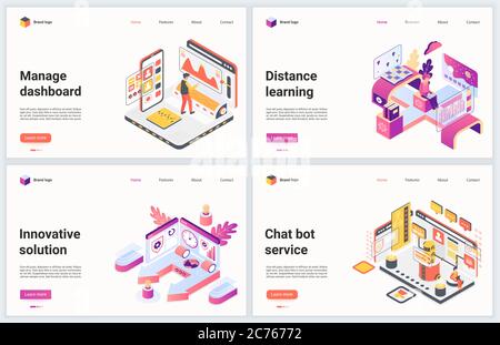 Isometric innovative management technology vector illustration. Creative concept banner set, interface webpage design with cartoon 3d modern success business innovation for effective manager work Stock Vector