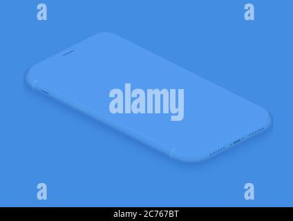 Soft isometric tender blue vector smartphone. 3d realistic empty screen phone template for inserting any UI interface, advertisment, test presentation. Floating soft mock up design perspective view. Stock Vector