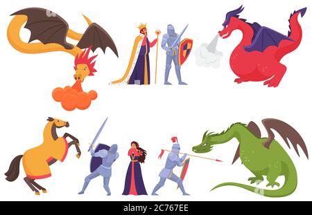 Medieval knight and dragon vector illustration set. Cartoon flat fairytale prince knight character fighting with fire breathing fantasy monster dragon, knighthood in fairy tale story isolated on white Stock Vector