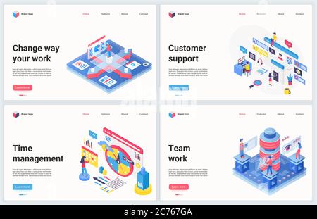 Isometric work technology optimization vector illustration. Creative concept banner set, interface webpage design with cartoon 3d successful business teamwork and optimizing time management strategy Stock Vector
