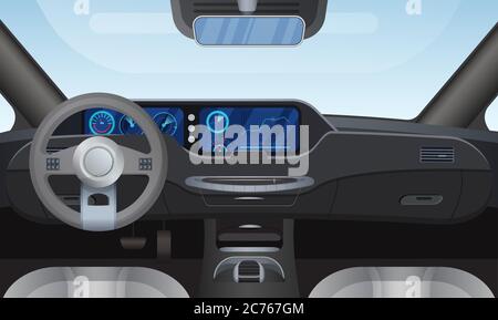 Car auto salon interior vector illustration. Cartoon flat details of front automobile dashboard black panel, window windshield, rudder steering wheel, mirror. Modern car vehicle inside view background Stock Vector