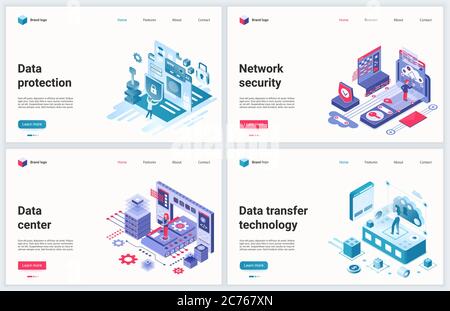 Isometric data protection technology vector illustration. Creative concept banner set, website design with cartoon 3d protecting datacenter software, tech service for internet cyber safety database Stock Vector