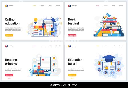 Online education technology vector illustrations. Creative concept interface website design, banners with flat cartoon educational mobile services for reading, distance training and student learning Stock Vector