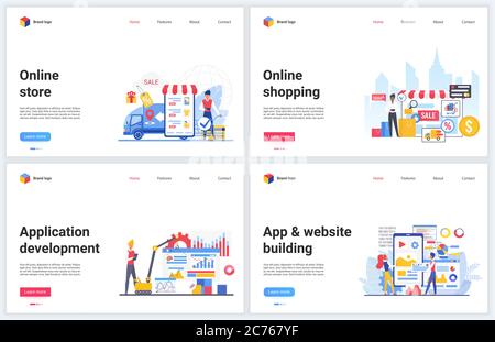 Online store, shopping technology vector illustrations. Creative concept interface website design, banners with flat cartoon mobile shop app template, modern ecommerce tech application development Stock Vector