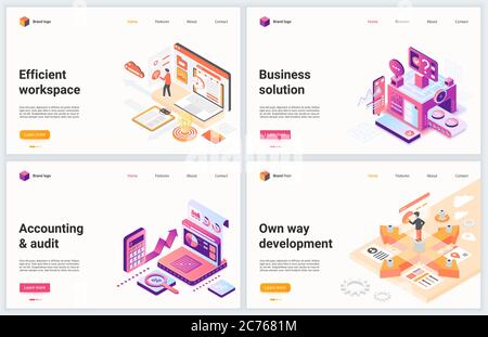 Isometric effective business management technology vector illustration. Creative concept banner set, website design of cartoon 3d business development, work process optimization, planning for manager Stock Vector