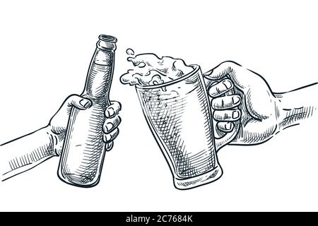 Human hand cheers with beer glass and bottle. Vector hand drawn sketch illustration, isolated on white background. Octoberfest beer festival or holida Stock Vector