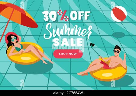 Man and woman swim on inflatable yellow rings in swimming pool. Flat cartoon vector characters illustration. Summer sale banner design template. Seaso Stock Vector
