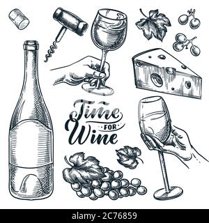 Time for wine vector hand drawn sketch illustration. Human hand holding wine glass. Bottle, cheese, grape vine, cork, corkscrew, isolated on white bac Stock Vector
