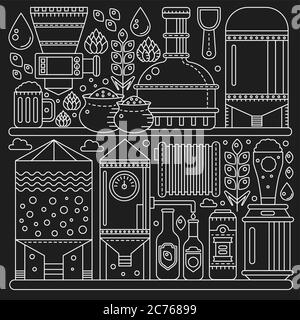 Beer Brewery production process conveyor. Line factory beer black background. October fest. Outline stroke linear style vector illustration. Stock Vector
