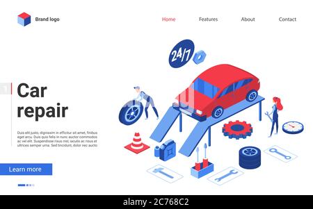 Isometric car repair service vector illustration. Cartoon creative banner design for website with 3d people working in auto garage autoservice center, repairman character repairing automobile vehicle Stock Vector