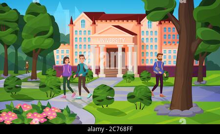 University landscape with people vector illustration. Cartoon flat academic student characters walking on road in green park or garden near university campus building, summer cityscape background Stock Vector