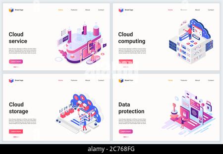 Isometric cloud data storage technology vector illustration. Creative concept banner set, interface website design with cartoon 3d modern database service for storing and uploading file information Stock Vector