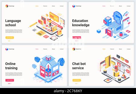 Isometric online education technology vector illustration. Creative concept banner set, interface website design with cartoon 3d modern distance educational services for training and staff development Stock Vector