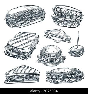 Homemade sandwiches set, isolated on white background. Fast food snacks vector sketch illustration. Multigrain bread with cheese, ham and tomato. Cafe Stock Vector