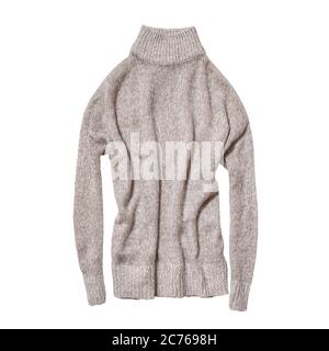 Fashion clothes. Gray knitted sweater isolated on white background. Stock Photo