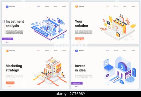 Isometric investing in new business idea concept vector illustration. Creative modern banner set, website design with cartoon 3d marketing strategy for financial investment in successful project idea Stock Vector