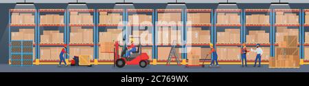 Vector Warehouse interior wide panorama with workers arranging goods on the shelves and dip boxes Stock Vector