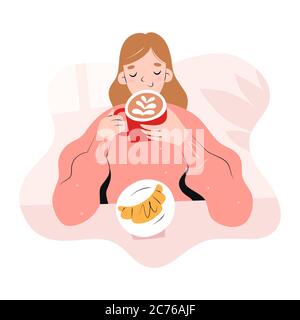 Girl drinking coffee in coffee shop or cafeteria, woman enjoying her cappuccino drink in red mug, young woman holding her cup sitting at cafe table Stock Vector
