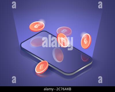A bunch of bitcoins on smartphone mobile online. 3D vector isometric illustration. Stock Vector