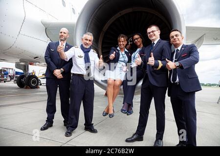 Ukraine, Kyiv - July 14, 2020: Boryspil International Airport. Personnel - captains, pilots and flight attendants. Airplane F-GRHR Airbus A319 airline Stock Photo